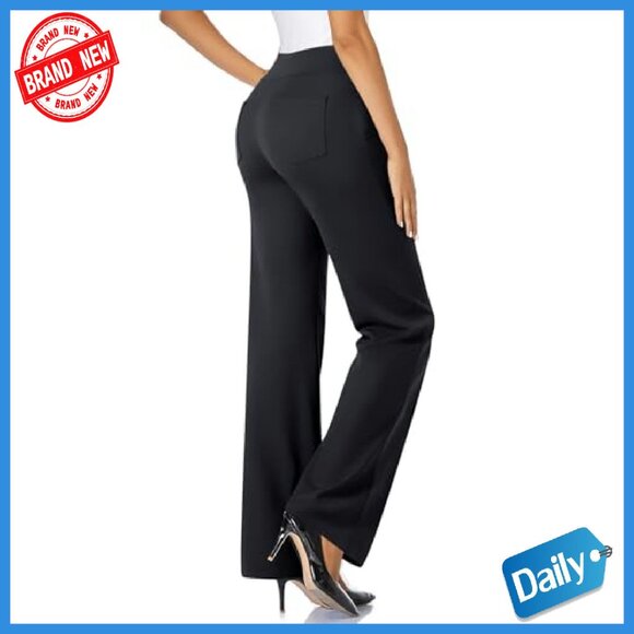 Stretchy Wide Leg Dress Pants Pull On Office Slacks with Pockets - Picture 3 of 8